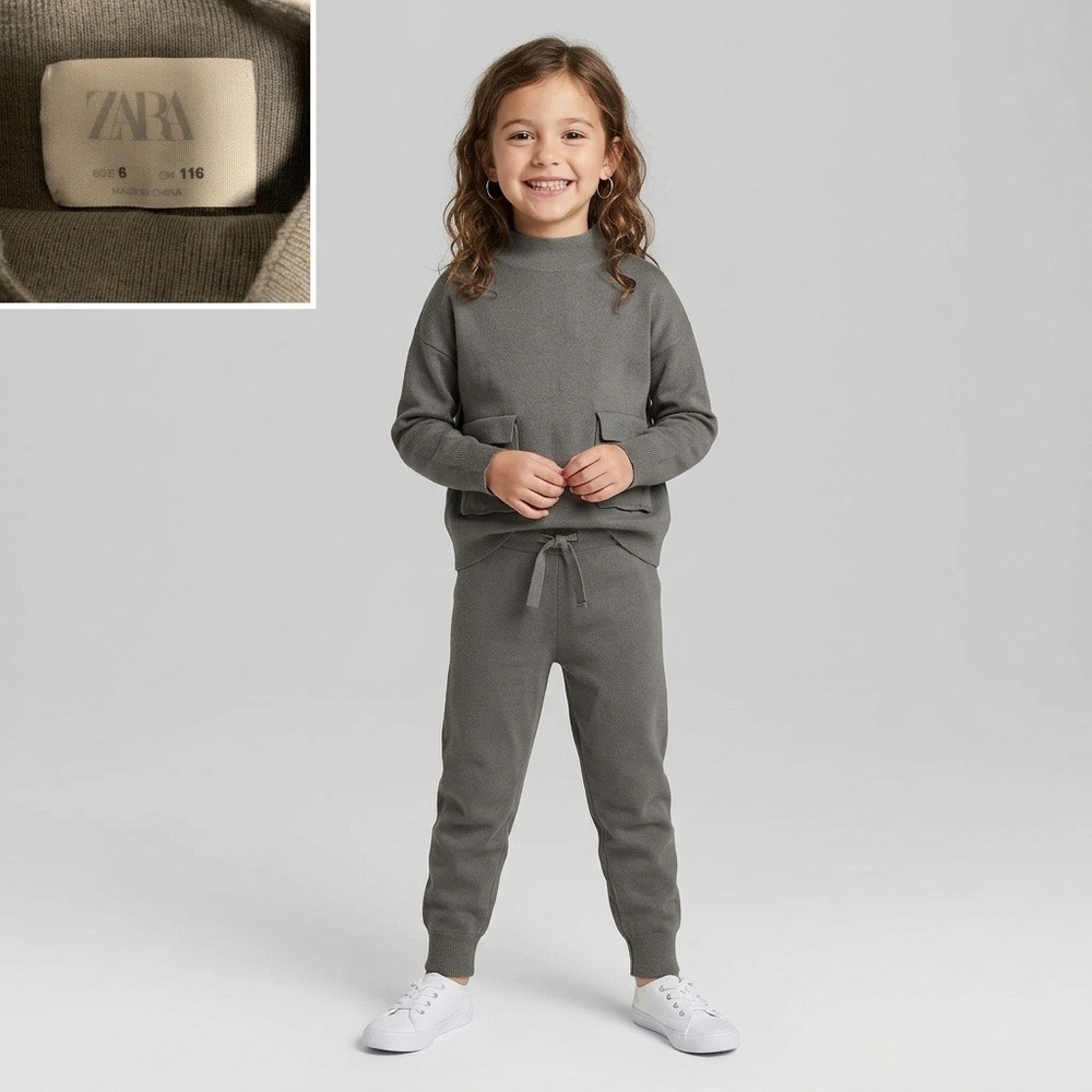 Zara Knit Set Kids Size 6 Grey Excellent Mock Neck Long Sleeve Two-Piece Outfit